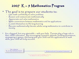 This powerpoint made possible through NRLC with funding
from AB ED and collaboration with Thinking 101
2007 K – 9 Mathematics Program2007 K – 9 Mathematics Program
• The goal is to prepare our students to:
– Use math confidently to solve problems
– Reason and communicate mathematically
– Appreciate and value mathematics
– Make connections between mathematics and its applications
– Commit themselves to life long learning
– Become mathematically literate adults using mathematics to contribute to
society
• It’s a big goal, but very attainable – with your help. Parents play a huge role in
their child’s education. By encouraging a positive attitude, building persistence,
strategizing in games, discussing with your child real life applications of math
skills, your child will truly succeed.
 
