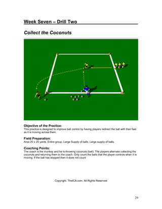 Week Seven – Drill Two_______________________ 
Collect the Coconuts 
Objective of the Practice: 
This practice is designed to improve ball control by having players redirect the ball with their feet 
as it is moving across them. 
Field Preparation: 
Area 20 x 20 yards. Entire group. Large Supply of balls, Large supply of balls. 
Coaching Points: 
The coach is the monkey and he is throwing coconuts (ball). The players alternate collecting the 
coconuts and returning them to the coach. Only count the balls that the player controls when it is 
moving. If the ball has stopped then it does not count 
29 
Copyright, TheICA.com, All Rights Reserved 
 