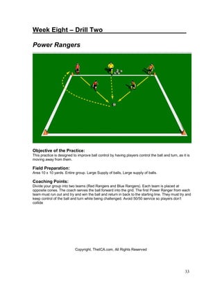 Week Eight – Drill Two_______________________ 
Power Rangers 
Objective of the Practice: 
This practice is designed to improve ball control by having players control the ball and turn, as it is 
moving away from them. 
Field Preparation: 
Area 10 x 10 yards. Entire group. Large Supply of balls, Large supply of balls. 
Coaching Points: 
Divide your group into two teams (Red Rangers and Blue Rangers). Each team is placed at 
opposite cones. The coach serves the ball forward into the grid. The first Power Ranger from each 
team must run out and try and win the ball and return in back to the starting line. They must try and 
keep control of the ball and turn while being challenged. Avoid 50/50 service so players don’t 
collide 
33 
Copyright, TheICA.com, All Rights Reserved 
 