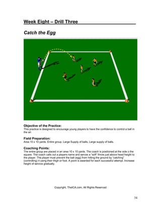 Week Eight – Drill Three______________________ 
Catch the Egg 
Objective of the Practice: 
This practice is designed to encourage young players to have the confidence to control a ball in 
the air. 
Field Preparation: 
Area 10 x 10 yards. Entire group. Large Supply of balls, Large supply of balls. 
Coaching Points: 
The entire group are placed in an area 10 x 10 yards. The coach is positioned at the side o the 
square. The coach calls out a players name and serves a “soft” throw just above head height to 
the player. The player must prevent the ball (egg) from hitting the ground by “catching” 
(controlling) it using their thigh or foot. A point is awarded for each successful attempt. Increase 
height of service gradually. 
34 
Copyright, TheICA.com, All Rights Reserved 
 