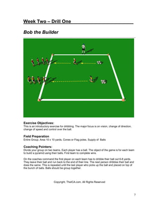 7 
Week Two – Drill One________________________ 
Bob the Builder 
Exercise Objectives: 
This is an introductory exercise for dribbling. The major focus is on vision, change of direction, 
change of speed and control over the ball. 
Field Preparation 
Entire Group, Area 10 x 10 yards, Cones or Flag poles, Supply of Balls 
Coaching Pointers: 
Divide your group on two teams. Each player has a ball. The object of the game is for each team 
to build a pyramid using their balls. First team to complete wins. 
On the coaches command the first player on each team has to dribble their ball out 6-8 yards. 
They leave their ball and run back to the end of their line. The next person dribbles their ball and 
does the same. This is repeated until the last player who picks up the ball and placed on top of 
the bunch of balls. Balls should be group together. 
Copyright, TheICA.com, All Rights Reserved 
 