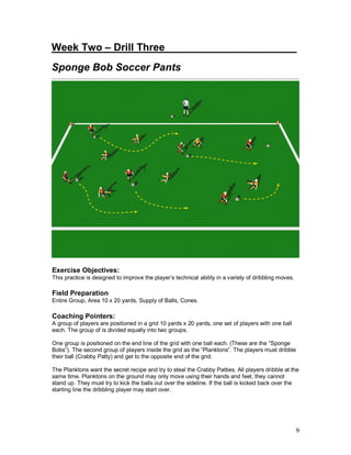 Week Two – Drill Three_______________________ 
Sponge Bob Soccer Pants 
Exercise Objectives: 
This practice is designed to improve the player’s technical ability in a variety of dribbling moves. 
Field Preparation 
Entire Group, Area 10 x 20 yards, Supply of Balls, Cones. 
Coaching Pointers: 
A group of players are positioned in a grid 10 yards x 20 yards, one set of players with one ball 
each. The group of is divided equally into two groups. 
One group is positioned on the end line of the grid with one ball each. (These are the “Sponge 
Bobs”). The second group of players inside the grid as the “Planktons”. The players must dribble 
their ball (Crabby Patty) and get to the opposite end of the grid. 
The Planktons want the secret recipe and try to steal the Crabby Patties. All players dribble at the 
same time. Planktons on the ground may only move using their hands and feet, they cannot 
stand up. They must try to kick the balls out over the sideline. If the ball is kicked back over the 
starting line the dribbling player may start over. 
9 
 