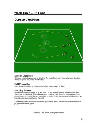 Week Three – Drill One_______________________

Cops and Robbers




Exercise Objectives:
This is an introductory exercise for dribbling. The major focus is on vision, change of direction,
change of speed and control over the ball.

Field Preparation
Entire Group, Area 20 x 20 yards, Cones or Flag poles, Supply of Balls.

Coaching Pointers:
Select two or three volunteers to be the “cops.” All the “robbers” line up at one end with their
“diamonds” (soccer balls). The robbers attempt to dribble their “diamond” from one end to the
other without having their diamond kicked out by a cop. If their diamond gets kicked out, they go
to jail (a designated area outside the grid).

If a robber successfully dribbles across the grid 5 times, then a jailbreak occurs and all those in
jail get to re-enter the game.




                           Copyright, TheICA.com, All Rights Reserved



                                                                                                      12
 