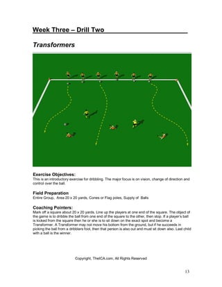 Week Three – Drill Two_______________________

Transformers




Exercise Objectives:
This is an introductory exercise for dribbling. The major focus is on vision, change of direction and
control over the ball.

Field Preparation
Entire Group, Area 20 x 20 yards, Cones or Flag poles, Supply of Balls

Coaching Pointers:
Mark off a square about 20 x 20 yards. Line up the players at one end of the square. The object of
the game is to dribble the ball from one end of the square to the other, then stop. If a player’s ball
is kicked from the square then he or she is to sit down on the exact spot and become a
Transformer. A Transformer may not move his bottom from the ground, but if he succeeds in
picking the ball from a dribblers foot, then that person is also out and must sit down also. Last child
with a ball is the winner.




                           Copyright, TheICA.com, All Rights Reserved


                                                                                                   13
 