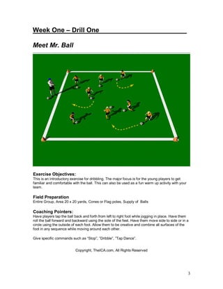 Week One – Drill One________________________

Meet Mr. Ball




Exercise Objectives:
This is an introductory exercise for dribbling. The major focus is for the young players to get
familiar and comfortable with the ball. This can also be used as a fun warm up activity with your
team.

Field Preparation
Entire Group, Area 20 x 20 yards, Cones or Flag poles, Supply of Balls

Coaching Pointers:
Have players tap the ball back and forth from left to right foot while jogging in place. Have them
roll the ball forward and backward using the sole of the feet. Have them move side to side or in a
circle using the outside of each foot. Allow them to be creative and combine all surfaces of the
foot in any sequence while moving around each other.

Give specific commands such as “Stop”, ”Dribble”, ”Tap Dance”.


                          Copyright, TheICA.com, All Rights Reserved




                                                                                                    3
 