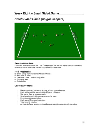 Week Eight – Small Sided Game_________ ______
Small-Sided Game (no goalkeepers)




Exercise Objectives:
Finish with small sided game 3 v 3 (No Goalkeepers). The practice should be concluded with a
small-sided game reinforcing the coaching points from your drills.

Field Preparation
   Entire Group (split into teams of three or fours)
   Area 20 x 20 yards
   Use Small Goals, Cones or Flag poles
   Supply of Balls
   Colored Bibs

Coaching Pointers:

   •    Divide the players into teams of three or fours, no goalkeepers.
   •    Each field should be approximately 20 yards x 20 yards.
   •    Use corner flags or cones as goals.
   •    Small-sided round robin tournaments can be used.
   •    Every team plays each other.
   •    Each game 10 minutes in duration.
   •    Total time, 30 minutes.
   •    At the end of your session, review all coaching points made during the practice.




                                                                                               35
 