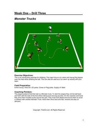 Week One – Drill Three_______________________
Monster Trucks




Exercise Objectives:
This is an introductory exercise for dribbling. The major focus is on vision and having the players
scan the field while dribbling the ball. This can also be used as a fun warm up activity with your
team.

Field Preparation
Entire Group, Area 20 x 20 yards, Cones or Flag poles, Supply of Balls.

Coaching Pointers:
The players pretend that their ball is a Monster truck. To start the engine they roll the ball back
and forth with the sole of the foot while making loud (revving sounds). On the coaches command
they drive their monster trucks around the grid. They must look ahead and around them to avoid
a collision with another Monster Truck. Have them drive slow and fast, reverse and stop on
demand.




                           Copyright, TheICA.com, All Rights Reserved




                                                                                                  5
 