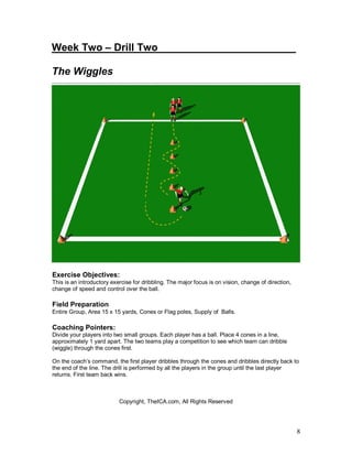Week Two – Drill Two________________________

The Wiggles




Exercise Objectives:
This is an introductory exercise for dribbling. The major focus is on vision, change of direction,
change of speed and control over the ball.

Field Preparation
Entire Group, Area 15 x 15 yards, Cones or Flag poles, Supply of Balls.

Coaching Pointers:
Divide your players into two small groups. Each player has a ball. Place 4 cones in a line,
approximately 1 yard apart. The two teams play a competition to see which team can dribble
(wiggle) through the cones first.

On the coach’s command, the first player dribbles through the cones and dribbles directly back to
the end of the line. The drill is performed by all the players in the group until the last player
returns. First team back wins.



                           Copyright, TheICA.com, All Rights Reserved




                                                                                                     8
 