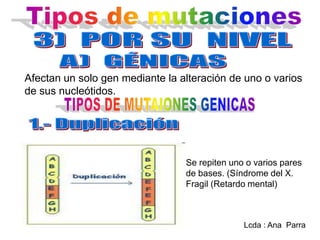 Afectan un solo gen mediante la alteración de uno o varios
de sus nucleótidos.

Se repiten uno o varios pares
de bases. (Síndrome del X.
Fragil (Retardo mental)

Lcda : Ana Parra

 
