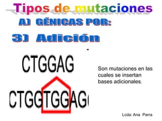 Son mutaciones en las
cuales se insertan
bases adicionales.

Lcda: Ana Parra

 