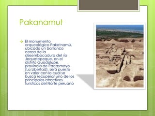 Pakanamut
 El monumento
arqueológico Pakatnamú,
ubicado un barranco
cerca de la
desembocadura del río
Jequetepeque, en el
distrito Guadalupe,
provincia de Pacasmayo
(La Libertad), será puesto
en valor con lo cual se
busca recuperar uno de los
principales atractivos
turísticos del Norte peruano
 