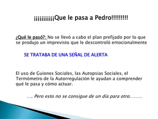 ¡¡¡¡¡¡¡¡¡¡¡Que le pasa a Pedro!!!!!!!!!
¿Qué le pasó?: No se llevó a cabo el plan prefijado por lo que
se produjo un imprevisto que le descontroló emocionalmente
SE TRATABA DE UNA SEÑAL DE ALERTA

El uso de Guiones Sociales, las Autopsias Sociales, el
Termómetro de la Autorregulación le ayudan a comprender
qué le pasa y cómo actuar.
…. Pero esto no se consigue de un día para otro………

 
