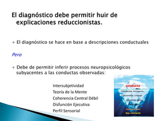 El diagnóstico debe permitir huir de
explicaciones reduccionistas.
+ El diagnóstico se hace en base a descripciones conductuales

Pero
+ Debe de permitir inferir procesos neuropsicológicos
subyacentes a las conductas observadas:
Intersubjetividad
Teoría de la Mente
Coherencia Central Débil
Disfunción Ejecutiva
Perfil Sensorial

 