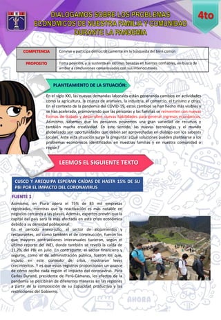 En el siglo XXI, las nuevas demandas laborales están generando cambios en actividades
como la agricultura, la crianza de animales, la industria, el comercio, el turismo y otras.
En el contexto de la pandemia del COVID-19, estos cambios se han hecho más visibles y
se han acelerado, promoviendo que las personas y las familias se reinventen con nuevas
formas de trabajo y desarrollen nuevas habilidades para generar ingresos económicos.
Asimismo, sabemos que los peruanos poseemos una gran variedad de recursos y
también mucha creatividad. En este sentido, las nuevas tecnologías y el mundo
globalizado son oportunidades que deben ser aprovechadas en diálogo con los saberes
locales. Ante esta situación surge la pregunta: ¿Qué soluciones pueden plantearse a los
problemas económicos identificados en nuestras familias y en nuestra comunidad o
región?
CUSCO Y AREQUIPA ESPERAN CAÍDAS DE HASTA 15% DE SU
PBI POR EL IMPACTO DEL CORONAVIRUS
Asimismo, en Piura opera el 75% de 83 mil empresas
registradas, mientras que la reactivación es más notable en
negocios cercanos a las playas. Además, expertos prevén que la
capital del país será la más afectada en esta crisis económica
debido a su densidad poblacional.
En el período enero-julio, el sector de alojamientos y
restaurantes, así como también el de construcción, fueron los
que mayores contracciones interanuales tuvieron, según el
último reporte del INEI, donde también se reveló la caída de
11,7% del PBI en julio. En contraparte, el sector financiero y
seguros, como el de administración pública, fueron los que,
incluso en este contexto de crisis, mostraron leves
crecimientos. Y es que estos registros proporcionan un avance
de cómo recibe cada región el impacto del coronavirus. Para
Carlos Durand, presidente de Perú-Cámaras, los efectos de la
pandemia se percibirán de diferentes maneras en las regiones
a partir de la composición de su capacidad productiva y las
restricciones del Gobierno.
COMPETENCIA Convive y participa democráticamente en la búsqueda del bien común
PROPOSITO Toma posición, y la sustenta en razones basadas en fuentes confiables, en busca de
arribar a conclusiones consensuadas con sus interlocutores.
FUENTE 1
4to
PLANTEAMIENTO DE LA SITUACIÓN:
LEEMOS EL SIGUIENTE TEXTO
 