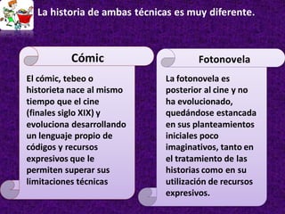 La historia de ambas técnicas es muy diferente.
La fotonovela es
posterior al cine y no
ha evolucionado,
quedándose estancada
en sus planteamientos
iniciales poco
imaginativos, tanto en
el tratamiento de las
historias como en su
utilización de recursos
expresivos.
El cómic, tebeo o
historieta nace al mismo
tiempo que el cine
(finales siglo XIX) y
evoluciona desarrollando
un lenguaje propio de
códigos y recursos
expresivos que le
permiten superar sus
limitaciones técnicas
Cómic Fotonovela
 