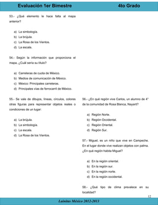 Evaluación 1er Bimestre 4to Grado
Lainitas México 2012-2013
12
53.- ¿Qué elemento le hace falta al mapa
anterior?
a) La simbología.
b) La brújula.
c) La Rosa de los Vientos.
d) La escala.
54.- Según la información que proporciona el
mapa, ¿Cuál sería su título?
a) Carreteras de cuota de México.
b) Medios de comunicación de México.
c) México: Principales carreteras.
d) Principales vías de ferrocarril de México.
55.- Se vale de dibujos, líneas, círculos, colores
otras figuras para representar objetos reales o
condiciones de un lugar:
a) La brújula.
b) La simbología.
c) La escala.
d) La Rosa de los Vientos.
56.- ¿En qué región vive Carlos, un alumno de 4°
de la comunidad de Rosa Blanca, Nayarit?
a) Región Norte.
b) Región Occidental.
c) Región Oriental.
d) Región Sur.
57.- Miguel, es un niño que vive en Campeche.
En el lugar donde vive realizan objetos con palma.
¿En qué región habita Miguel?
a) En la región oriental.
b) En la región sur.
c) En la región norte.
d) En la región occidental.
58.- ¿Qué tipo de clima prevalece en su
localidad?
 