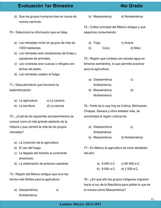 Evaluación 1er Bimestre 4to Grado
Lainitas México 2012-2013
15
d) Que los grupos humanos iban en busca de
nuevos caminos.
70.- Selecciona la información que es falsa.
a) Los nómadas vivían en grupos de más de
1000 habitantes.
b) Los nómadas eran recolectores de frutas y
cazadores de animales.
c) Las viviendas eran cuevas o refugios con
techos de pieles.
d) Los nómadas usaban el fuego.
71.- Descubrimiento que favoreció la
sedentarización.
a) La agricultura. c) La cacería.
b) La escritura. d) La ciencia.
72.- ¿Cuál de los siguientes acontecimientos se
conoce como el más grande adelanto de la
historia y que cambió la vida de los grupos
nómadas?
a) La invención de la agricultura.
b) El uso del fuego.
c) La llegada del hombre al continente
americano.
d) La elaboración de pinturas rupestres.
73.- Región del México antiguo que tuvo las
tierras más fértiles para la agricultura:
a) Oasisamérica. c)
Aridoamérica.
b) Mesoamérica. d) Norteamérica.
74.- Cultivo principal del México antiguo y que
seguimos consumiendo.
a) Trigo. c) Avena.
b) Coco. d) Maíz.
75.- Región que contaba con escasa agua en
terrenos semiáridos, lo que permitió practicar
poco la agricultura.
a) Oasisamérica. c)
Aridoamérica.
b) Mesoamérica. d)
Norteamérica.
76.- Parte de lo que hoy es Colima, Michoacán,
Chiapas, Oaxaca y otros estados más, se
encontraba la región cultural de:
a) Oasisamérica c)
Aridoamérica
b) Mesoamérica d) Norteamérica
77.- En México la agricultura se inició alrededor
del año:
a) 8 000 d.C c) 80 000 a.C.
b) 8 000 a.C. d) 2 500 d.C.
78.- ¿En qué año los grupos indígenas migraron
hacia el sur de la República para poblar lo que se
le conoce como Mesoamérica?
 