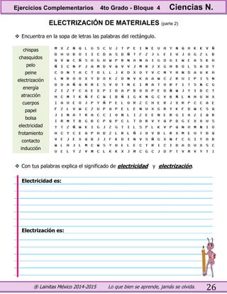 ® Lainitas México 2014-2015 Lo que bien se aprende, jamás se olvida. 26
ELECTRIZACIÓN DE MATERIALES (parte 2)
 Encuentra en la sopa de letras las palabras del rectángulo.
chispas
chasquidos
pelo
peine
electrización
energía
atracción
cuerpos
papel
bolsa
electricidad
frotamiento
contacto
inducción
 Con tus palabras explica el significado de electricidad y electrización.
Electricidad es:
Electrización es:
Ejercicios Complementarios 4to Grado - Bloque 4 Ciencias N.
 