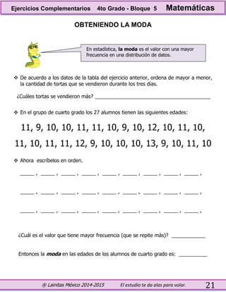 ® Lainitas México 2014-2015 El estudio te da alas para volar. 21
OBTENIENDO LA MODA
 De acuerdo a los datos de la tabla del ejercicio anterior, ordena de mayor a menor,
la cantidad de tortas que se vendieron durante los tres días.
¿Cuáles tortas se vendieron más? _________________________________________
 En el grupo de cuarto grado los 27 alumnos tienen las siguientes edades:
11, 9, 10, 10, 11, 11, 10, 9, 10, 12, 10, 11, 10,
11, 10, 11, 11, 12, 9, 10, 10, 10, 13, 9, 10, 11, 10
 Ahora escríbelos en orden.
_____ , _____ , _____ , _____ , _____ , _____ , _____ , _____ , _____ ,
_____ , _____ , _____ , _____ , _____ , _____ , _____ , _____ , _____ ,
_____ , _____ , _____ , _____ , _____ , _____ , _____ , _____ , _____ ,
¿Cuál es el valor que tiene mayor frecuencia (que se repite más)? ____________
Entonces la moda en las edades de los alumnos de cuarto grado es: __________
En estadística, la moda es el valor con una mayor
frecuencia en una distribución de datos.
Ejercicios Complementarios 4to Grado - Bloque 5 Matemáticas
 