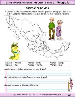 ® Lainitas México 2014-2015 El estudio te da alas para volar. 28
ESPERANZA DE VIDA
 Consulta la tabla “Esperanza de vida en México”, que viene en la página 156 de tu
libro de Geografía y colorea como se te pide los estados de la República Mexicana.
72 años -- Amarillo 73 años -- Verde 74 años – Naranja
75 años -- Rojo 76 años -- Violeta 77 años -- Rosa
¿Cuáles son los estados con mayor esperanza de vida?
¿En cuáles se tienen menos años de esperanza de vida?
¿Por qué crees que se dan estas diferencias?
Ejercicios Complementarios 4to Grado - Bloque 5 Geografía
 