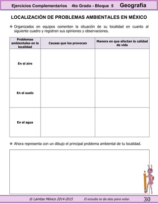 ® Lainitas México 2014-2015 El estudio te da alas para volar. 30
LOCALIZACIÓN DE PROBLEMAS AMBIENTALES EN MÉXICO
 Organizados en equipos comenten la situación de su localidad en cuanto al
siguiente cuadro y registren sus opiniones y observaciones.
Problemas
ambientales en la
localidad
Causas que los provocan
Manera en que afectan la calidad
de vida
En el aire
En el suelo
En el agua
 Ahora representa con un dibujo el principal problema ambiental de tu localidad.
Ejercicios Complementarios 4to Grado - Bloque 5 Geografía
 