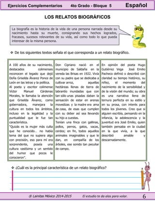 ® Lainitas México 2014-2015 El estudio te da alas para volar. 6
LOS RELATOS BIOGRÁFICOS
 De los siguientes textos señala el que corresponda a un relato biográfico.
A 100 años de su nacimiento,
destacados colimenses
reconocen el legado que dejó
Doña Griselda Álvarez Ponce de
León en las letras y la política.
Al poeta y escritor colimense
Víctor Manuel Cárdenas
Morales, le llamaba la atención
que Griselda Álvarez, como
gobernadora, manejara la
cultura en todos los ámbitos,
incluso en la legalidad y la
puntualidad que le fue tan
característica.
“Quizás es la mujer más culta
que he conocido… no había
tema del que no supiera algo
con precisión, eso para mí era
sorprendente, poseía una
cultura vastísima y un sentido
del humor que pocos le
conocieron”.
Don Cipriano nació en el
municipio de Saldaña en la
vereda las Brisas en 1922. Vivía
con su padre que se dedicaba a
cultivar arroz, aquellas
hectáreas llenas de tierra de
labrantío inundadas que con
tan sólo unas pisadas daban la
sensación de estar en arenas
movedizas y la madre era ama
de casa, de esas que cumplen
con su deber así sea llevando
su hijo a cuestas.
Tenían una finca con gallinas,
pollos, perros, gatos, vacas,
cerdos; en fin, todos aquellos
animales imaginables y que le
dan, en compañía de los
árboles, ese sonido tan peculiar
de campo.
En opinión del poeta Hugo
Gutiérrez Vega José Emilio
Pacheco definió o describió con
claridad su tiempo histórico, su
niñez, el momento del
nacimiento de la sensibilidad y
de la visión del mundo; su obra
es una narrativa llena de
ternura perfecta en su estilo y
en su prosa, con interés para
todos los jóvenes. Creo que si
alguien escribía, pensando en la
infancia, la adolescencia y la
juventud era José Emilio, quien
también pensaba en la ciudad
en la que vivía, a la que
describió amable y
descarnadamente.
 ¿Cuál es la principal característica de un relato biográfico?
La biografía es la historia de la vida de una persona narrada desde su
nacimiento hasta su muerte, consignando sus hechos logrados,
fracasos, sucesos relevantes de su vida, así como todo lo que pueda
interesar de la misma persona.
Ejercicios Complementarios 4to Grado - Bloque 5 Español
 