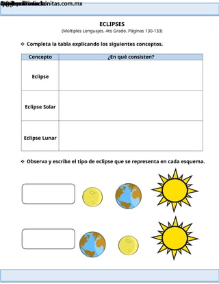 Lainitas Primaria
Cuadernillo Lector
4to Grado
103
Lainitas Primaria
www.primaria.lainitas.com.mx
ECLIPSES
(Múltiples Lenguajes. 4to Grado. Páginas 130-133)
 Completa la tabla explicando los siguientes conceptos.
Concepto ¿En qué consisten?
Eclipse
Eclipse Solar
Eclipse Lunar
 Observa y escribe el tipo de eclipse que se representa en cada esquema.
 
