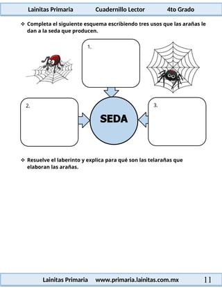 Lainitas Primaria Cuadernillo Lector 4to Grado
11
Lainitas Primaria www.primaria.lainitas.com.mx
 Completa el siguiente esquema escribiendo tres usos que las arañas le
dan a la seda que producen.
 Resuelve el laberinto y explica para qué son las telarañas que
elaboran las arañas.
3.
2.
1.
 