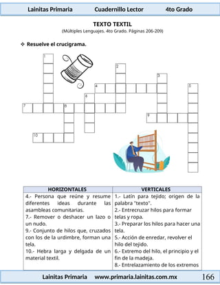 Lainitas Primaria Cuadernillo Lector 4to Grado
166
Lainitas Primaria www.primaria.lainitas.com.mx
TEXTO TEXTIL
(Múltiples Lenguajes. 4to Grado. Páginas 206-209)
 Resuelve el crucigrama.
HORIZONTALES VERTICALES
4.- Persona que reúne y resume
diferentes ideas durante las
asambleas comunitarias.
7.- Remover o deshacer un lazo o
un nudo.
9.- Conjunto de hilos que, cruzados
con los de la urdimbre, forman una
tela.
10.- Hebra larga y delgada de un
material textil.
1.- Latín para tejido; origen de la
palabra "texto".
2.- Entrecruzar hilos para formar
telas y ropa.
3.- Preparar los hilos para hacer una
tela.
5.- Acción de enredar, revolver el
hilo del tejido.
6.- Extremo del hilo, el principio y el
fin de la madeja.
8.- Entrelazamiento de los extremos
 