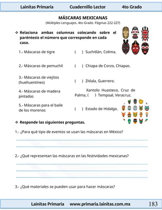 Lainitas Primaria Cuadernillo Lector 4to Grado
183
Lainitas Primaria www.primaria.lainitas.com.mx
MÁSCARAS MEXICANAS
(Múltiples Lenguajes. 4to Grado. Páginas 222-227)
 Relaciona ambas columnas colocando sobre el
paréntesis el número que corresponde en cada
caso.
1.- Máscaras de tigre ( ) Suchitlán, Colima.
2.- Máscaras de pemuchil ( ) Chiapa de Corzo, Chiapas.
3.- Máscaras de viejitos
(huehuentines)
4.- Máscaras de madera
pintadas
5.- Máscaras para el baile
de los morenos
( ) Zitlala, Guerrero.
Xantolo Huasteco, Cruz de
Palma, ( ) Tempoal, Veracruz.
( ) Estado de Hidalgo.
 Responde las siguientes preguntas.
1.- ¿Para qué tipo de eventos se usan las máscaras en México?
2.- ¿Qué representan las máscaras en las festividades mexicanas?
3.- ¿Qué materiales se pueden usar para hacer máscaras?
 