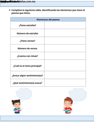 Lainitas Primaria
Cuadernillo Lector
4to Grado
188
Lainitas Primaria
www.primaria.lainitas.com.mx
 Completa la siguiente tabla identificando los elementos que tiene el
poema que leíste.
Elementos del poema
¿Tiene estrofas?
Número de estrofas
¿Tiene versos?
Número de versos
¿Cuenta con rimas?
¿Cuál es el tema principal?
¿Evoca algún sentimiento(s)?
¿Qué sentimiento(s) evoca?
 