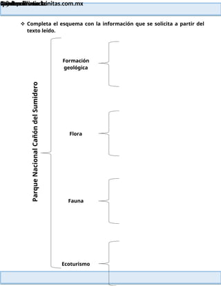 Lainitas Primaria
Cuadernillo Lector
4to Grado
19
Lainitas Primaria
www.primaria.lainitas.com.mx
 Completa el esquema con la información que se solicita a partir del
texto leído.
Formación
geológica
Flora
Fauna
Ecoturismo
Parque
Nacional
Cañón
del
Sumidero
 