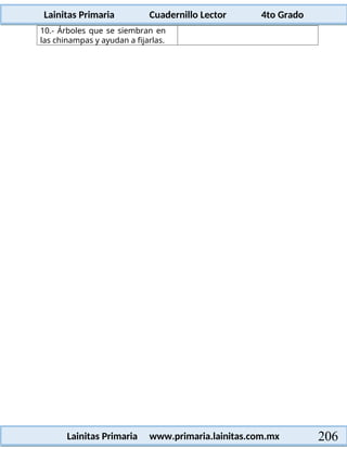 Lainitas Primaria Cuadernillo Lector 4to Grado
206
Lainitas Primaria www.primaria.lainitas.com.mx
10.- Árboles que se siembran en
las chinampas y ayudan a fijarlas.
 