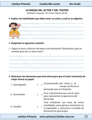 Lainitas Primaria Cuadernillo Lector 4to Grado
35
Lainitas Primaria www.primaria.lainitas.com.mx
LA MAGIA DEL ACTOR Y DEL TEATRO
(Múltiples Lenguajes. 4to Grado. Páginas 38-43)
 Explica las habilidades que debe tener un actor y cuál es su objetivo.
 Responde la siguiente cuestión.
1.- Según el actor y director de teatro ruso Konstantín Stanislavski ¿qué se
necesita para ser un buen actor?
 Relaciona los elementos que interviene para que el actor interprete de
mejor forma su papel.
1.- Escenografía ( )
Caracterización del rostro y el
cuerpo conforme al
personaje que se interpreta.
2.- Iluminación ( )
Es la indumentaria que usa el actor
para representar la apariencia del
personaje.
3.- Sonidos ( )
Crea ambientes con luces de varias
tonalidades, para generar emociones en
el espectador y comunicar el estado de
ánimo de los personajes.
 