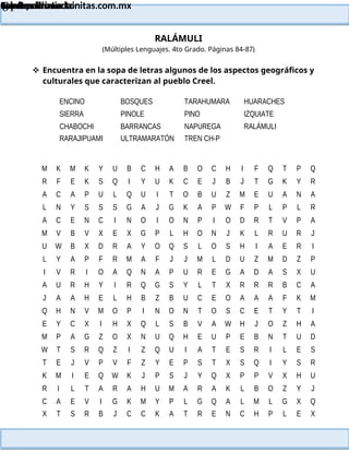 Lainitas Primaria
Cuadernillo Lector
4to Grado
61
Lainitas Primaria
www.primaria.lainitas.com.mx
RALÁMULI
(Múltiples Lenguajes. 4to Grado. Páginas 84-87)
 Encuentra en la sopa de letras algunos de los aspectos geográficos y
culturales que caracterizan al pueblo Creel.
ENCINO
SIERRA
CHABOCHI
RARAJIPUAMI
BOSQUES
PINOLE
BARRANCAS
ULTRAMARATÓN
TARAHUMARA
PINO
NAPUREGA
TREN CH-P
HUARACHES
IZQUIATE
RALÁMULI
M K M K Y U B C H A B O C H I F Q T P Q
R F E K S Q I Y U K C E J B J T G K Y R
A C A P U L Q U I T O B U Z M E U A N A
L N Y S S S G A J G K A P W F P L P L R
A C E N C I N O I O N P I O D R T V P A
M V B V X E X G P L H O N J K L R U R J
U W B X D R A Y O Q S L O S H I A E R I
L Y A P F R M A F J J M L D U Z M D Z P
I V R I O A Q N A P U R E G A D A S X U
A U R H Y I R Q G S Y L T X R R R B C A
J A A H E L H B Z B U C E O A A A F K M
Q H N V M O P I N O N T O S C E T Y T I
E Y C X I H X Q L S B V A W H J O Z H A
M P A G Z O X N U Q H E U P E B N T U D
W T S R Q Z I Z Q U I A T E S R I L E S
T E J V P V F Z Y E P S T X S Q I Y S R
K M I E Q W K J P S J Y Q X P P V X H U
R I L T A R A H U M A R A K L B O Z Y J
C A E V I G K M Y P L G Q A L M L G X Q
X T S R B J C C K A T R E N C H P L E X
 