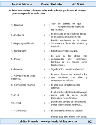 Lainitas Primaria Cuadernillo Lector 4to Grado
62
Lainitas Primaria www.primaria.lainitas.com.mx
 Relaciona ambas columnas colocando sobre el paréntesis el número
que corresponde en cada caso.
1.- Ralámuli ( )
Tipo de carrera en que
han participado y ganado
los ralámuli.
2.- Chabochi ( )
Es el estado de la república donde
se encuentra el pueblo Creel.
3.- Napurega ralámuli ( )
Pueblo enclavado en la sierra
Tarahumara lleno de historia y
tradición.
4.- Rarajipuami ( ) Significa corredores a pie.
5.- Pinole ( )
Es una de las etnias más
conservadas del continente,
también se les conoce como
tarahumaras.
6.- Izquiate ( ) Significa "los que tienen barbas".
7.- Corredores de larga
distancia.
( )
Es como llaman los ralámuli a los
que conviven con ellos y
comparten su cultura.
8.- Comunidad ralámuli ( ) Es algo que caracteriza a los
ralámuli.
9.- CH-P ( )
Es el nombre del tren turístico que
cruza toda la sierra, desde
Chihuahua hasta Sinaloa.
10.- Creel ( )
Significa la carrera de la bola (uno
de los juegos de los ralámuli).
11.- Chihuahua ( ) Es una bebida de maíz tostado.
Bebida que está hecha con agua,
 