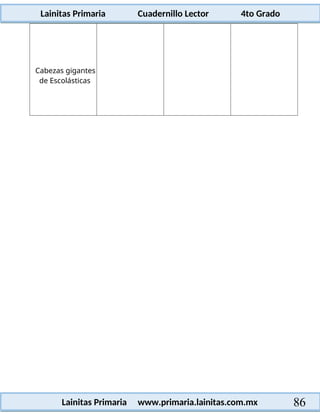 Lainitas Primaria Cuadernillo Lector 4to Grado
86
Lainitas Primaria www.primaria.lainitas.com.mx
Cabezas gigantes
de Escolásticas
 