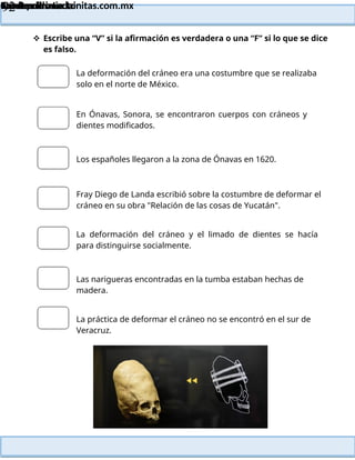 Lainitas Primaria
Cuadernillo Lector
4to Grado
92
Lainitas Primaria
www.primaria.lainitas.com.mx
 Escribe una “V” si la afirmación es verdadera o una “F” si lo que se dice
es falso.
La deformación del cráneo era una costumbre que se realizaba
solo en el norte de México.
En Ónavas, Sonora, se encontraron cuerpos con cráneos y
dientes modificados.
Los españoles llegaron a la zona de Ónavas en 1620.
Fray Diego de Landa escribió sobre la costumbre de deformar el
cráneo en su obra "Relación de las cosas de Yucatán".
La deformación del cráneo y el limado de dientes se hacía
para distinguirse socialmente.
Las narigueras encontradas en la tumba estaban hechas de
madera.
La práctica de deformar el cráneo no se encontró en el sur de
Veracruz.
 