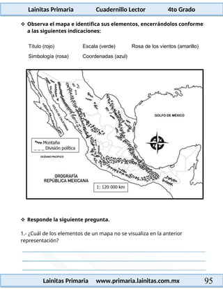 Lainitas Primaria Cuadernillo Lector 4to Grado
95
Lainitas Primaria www.primaria.lainitas.com.mx
 Observa el mapa e identifica sus elementos, encerrándolos conforme
a las siguientes indicaciones:
Título (rojo) Escala (verde) Rosa de los vientos (amarillo)
Simbología (rosa) Coordenadas (azul)
 Responde la siguiente pregunta.
1.- ¿Cuál de los elementos de un mapa no se visualiza en la anterior
representación?
 