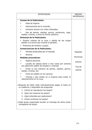 ESTRATEGIAS MEDIOS
MATERIALES
Causas de la Pediculosis:
 Falta de higiene.
 Hacinamiento de la vivienda.
 Contacto directo con niños infectados.
 Uso de peines, cepillos, gorros, sombreros, ropa,
toallas, vinchas, y otros en forma colectivo.
Síntomas de la Pediculosis:
 Picazón intensa de la nuca y detrás de las orejas
debido a la toxina que inyecta el parásito.
 Presencia de liendres y piojos.
Consecuencias de la Pediculosis:
 Heridas producidas por el rascado.
 Anemia.
Medidas preventivas:
 Higiene personal.
 Lavado de cabeza diario o tres veces por semana
con jaboncillo (jabón de tocador) o champú.
 Evitar el uso colectivo de peines, cepillos, gorros,
toallas, vinchas, etc.
 Corte de cabello en los varones.
 Trenzas o dos colitas en a mujeres para evitar el
calentamiento en la nuca.
• Después de haber leído individualmente pegan el texto en
su cuaderno y responden las preguntas:
1. ¿Cómo se reproducen los piojos?
2. ¿Qué nos ocasiona los piojos?
3. ¿Qué entiendes por pediculosis?
4. ¿Cómo evitamos los piojos?
• Cada grupo organizado escribe un mensaje de cómo evitar
contagiarse de piojos.
Papelote
Plumones
Colores
Tiza de
colores
179
 