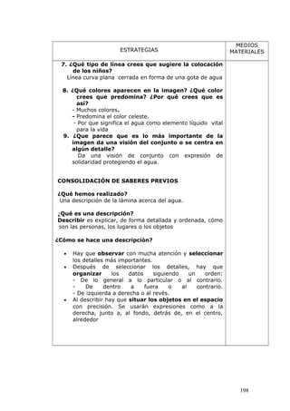 ESTRATEGIAS
MEDIOS
MATERIALES
7. ¿Qué tipo de línea crees que sugiere la colocación
de los niños?
Línea curva plana cerrada en forma de una gota de agua
8. ¿Qué colores aparecen en la imagen? ¿Qué color
crees que predomina? ¿Por qué crees que es
así?
- Muchos colores.
- Predomina el color celeste.
- Por que significa el agua como elemento líquido vital
para la vida
9. ¿Que parece que es lo más importante de la
imagen da una visión del conjunto o se centra en
algún detalle?
Da una visión de conjunto con expresión de
solidaridad protegiendo el agua.
CONSOLIDACIÓN DE SABERES PREVIOS
¿Qué hemos realizado?
Una descripción de la lámina acerca del agua.
¿Qué es una descripción?
Describir es explicar, de forma detallada y ordenada, cómo
son las personas, los lugares o los objetos
¿Cómo se hace una descripción?
• Hay que observar con mucha atención y seleccionar
los detalles más importantes.
• Después de seleccionar los detalles, hay que
organizar los datos siguiendo un orden:
- De lo general a lo particular o al contrario.
- De dentro a fuera o al contrario.
- De izquierda a derecha o al revés.
• Al describir hay que situar los objetos en el espacio
con precisión. Se usarán expresiones como a la
derecha, junto a, al fondo, detrás de, en el centro,
alrededor
198
 