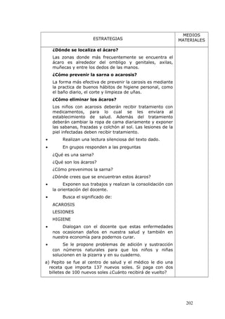 ESTRATEGIAS
MEDIOS
MATERIALES
¿Dónde se localiza el ácaro?
Las zonas donde más frecuentemente se encuentra el
ácaro es alrededor del ombligo y genitales, axilas,
muñecas y entre los dedos de las manos.
¿Cómo prevenir la sarna o acarosis?
La forma más efectiva de prevenir la carosis es mediante
la practica de buenos hábitos de higiene personal, como
el baño diario, el corte y limpieza de uñas.
¿Cómo eliminar los ácaros?
Los niños con acarosis deberán recibir tratamiento con
medicamentos, para lo cual se les enviara al
establecimiento de salud. Además del tratamiento
deberán cambiar la ropa de cama diariamente y exponer
las sabanas, frazadas y colchón al sol. Las lesiones de la
piel infectadas deben recibir tratamiento.
• Realizan una lectura silenciosa del texto dado.
• En grupos responden a las preguntas
¿Qué es una sarna?
¿Qué son los ácaros?
¿Cómo prevenimos la sarna?
¿Dónde crees que se encuentran estos ácaros?
• Exponen sus trabajos y realizan la consolidación con
la orientación del docente.
• Busca el significado de:
ACAROSIS
LESIONES
HIGIENE
• Dialogan con el docente que estas enfermedades
nos ocasionan daños en nuestra salud y también en
nuestra economía para podernos curar.
• Se le propone problemas de adición y sustracción
con números naturales para que los niños y niñas
solucionen en la pizarra y en su cuaderno.
a) Pepito se fue al centro de salud y el médico le dio una
receta que importa 137 nuevos soles. Si paga con dos
billetes de 100 nuevos soles ¿Cuánto recibirá de vuelto?
202
 