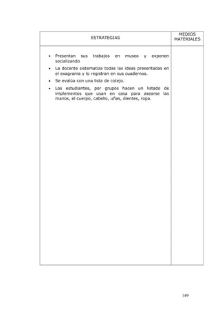 ESTRATEGIAS
MEDIOS
MATERIALES
• Presentan sus trabajos en museo y exponen
socializando
• La docente sistematiza todas las ideas presentadas en
el exagrama y lo registran en sus cuadernos.
• Se evalúa con una lista de cotejo.
• Los estudiantes, por grupos hacen un listado de
implementos que usan en casa para asearse las
manos, el cuerpo, cabello, uñas, dientes, ropa.
149
 