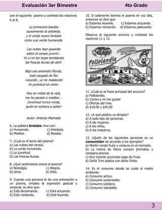 Evaluación 3er Bimestre 4to Grado
3
Lee el siguiente poema y contesta los reactivos
6 al 8.
La primavera besaba
suavemente la arboleda,
y el verde nuevo brotaba
como una verde humareda.
Las nubes iban pasando
sobre el campo juvenil...
Yo vi en las hojas temblando
las frescas lluvias de abril.
Bajo ese almendro florido,
todo cargado de flor
-recordé-, yo he maldecido
mi juventud sin amor.
Hoy en mitad de la vida,
me he parado a meditar...
¡Juventud nunca vivida,
quién te volviera a soñar!
Autor: Antonio Machado
6. La palabra brotaba rima con:
a) Humareda. c) Arboleda.
b) Meditar. d) Besaba.
7. ¿Cuál es el tema del poema?
a) Las nubes del campo.
b) La verde humareda.
c) La juventud.
d) Las frescas lluvias.
8. ¿Qué sentimiento evoca el poema?
a) Nostalgia. c) Alegría.
b) Amor. d) Odio.
9. Cuando una persona le da una entonación a
un poema, emplea la expresión gestual y
corporal, se dice que:
a) Está declamando. c) Está actuando.
b) Está recitando. d) Está leyendo.
10. Si solamente leemos el poema en voz alta,
entonces se dice que:
a) Estamos leyendo. c) Estamos actuando.
b) Estamos recitando. d) Estamos platicando.
Observa el siguiente anuncio y contesta los
reactivos 11 y 12.
11. ¿Cuál es la frase principal del anuncio?
a) Pollolandia.
b) ¡Como a mí me gusta!
c) Ofertas del mes.
d) $18.00 y $45.00
12. ¿A qué público va dirigido?
a) A todo tipo de personas.
b) A las mujeres.
c) A los niños.
d) A los maestros.
13. ¿Quién de las siguientes personas es un
consumidor de acuerdo a los ejemplos?
a) Martín vende fruta y verdura en el mercado.
b) La mamá de Elena compra jitomates y
compara precios.
c) Don Vicente acomoda cajas de fruta.
d) Doña Trini platica con doña Chela.
14. Es el consumo donde se cuida el medio
ambiente.
a) Consumo activo.
b) Consumo sustentable.
c) Consumo solidario.
d) Consumo saludable.
 