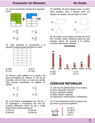 Evaluación 3er Bimestre 4to Grado
5
25. ¿Cuál es la fracción correcta de la siguiente
suma?
26. ¿Qué operación le corresponde a la
siguiente cuadrícula para encontrar su área?
a) 4x8= c) 4x7=
b) 7x5= d) 7x8=
27. Mariana vende galletas en su tienda y las
tiene acomodadas por sabores. Si 1/6 son de
chocolate, 3/6 son fresa y el resto son vainilla.
¿Qué fracción representan las galletas de
vainilla?
28. Si de Colima a Guadalajara son 197 km y
de Guadalajara a Guanajuato son 278 km,
¿cuántos kilómetros recorrí de ida y vuelta
desde Colima hasta Guanajuato?
a) 475 km. c) 394 km.
b) 950 km. d) 556 km.
29. ADIVINA. No tiene ángulos rectos, no tiene
lados paralelos, tiene 3 vértices, todos sus
ángulos son iguales. ¿De qué figura se trata?
30. Se realizó una encuesta a los alumnos de la
Esc. Primaria Lázaro Cárdenas acerca de qué
mascota tienen. De acuerdo a la gráfica,
¿cuántos niños tienen mascota?
a) 203. c) 110.
b) 307. d) 151.
CIENCIAS NATURALES
31. Son los tres estados físicos de la materia.
a) Inicio, desarrollo y término.
b) Duro, quebrado y líquido.
c) Sólido, líquido y gaseoso.
d) Evaporación, condensación y precipitación.
32. ¿A qué temperatura hierve el agua o sea
que tiene su punto de ebullición?
a) 10º C.
b) 100º C.
c) 60º C.
d) 5º C.
 