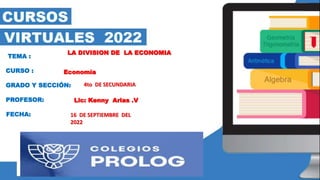 Tema:
Grado: Sección:
Profesor: Fecha:
TEMA :
FECHA:
CURSO :
GRADO Y SECCIÓN:
PROFESOR:
Economía
LA DIVISION DE LA ECONOMIA
4to DE SECUNDARIA
Lic: Kenny Arias .V
16 DE SEPTIEMBRE DEL
2022
 