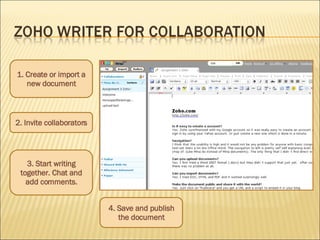 2. Invite collaborators 4. Save and publish the document 1. Create or import a new document 3. Start writing together. Chat and add comments. 