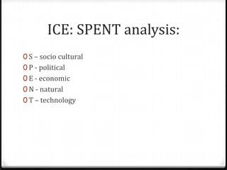 ICE: SPENT analysis:
0 S – socio cultural
0 P - political
0 E - economic
0 N - natural
0 T – technology
 