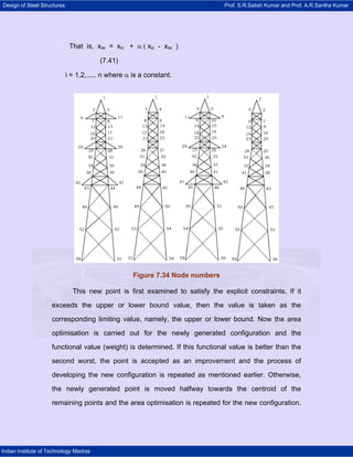Design of Steel Structures Prof. S.R.Satish Kumar and Prof. A.R.Santha Kumar
Indian Institute of Technology Madras
That is, xiw = xic + α ( xic - xiw )
(7.41)
i = 1,2,..... n where α is a constant.
Figure 7.34 Node numbers
This new point is first examined to satisfy the explicit constraints. If it
exceeds the upper or lower bound value, then the value is taken as the
corresponding limiting value, namely, the upper or lower bound. Now the area
optimisation is carried out for the newly generated configuration and the
functional value (weight) is determined. If this functional value is better than the
second worst, the point is accepted as an improvement and the process of
developing the new configuration is repeated as mentioned earlier. Otherwise,
the newly generated point is moved halfway towards the centroid of the
remaining points and the area optimisation is repeated for the new configuration.
 