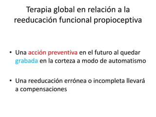 Terapia global en relación a la
reeducación funcional propioceptiva

• Una acción preventiva en el futuro al quedar
grabada en la corteza a modo de automatismo
• Una reeducación errónea o incompleta llevará
a compensaciones

 
